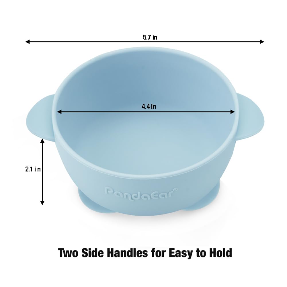 Blue green and brown baby food bowls with anti slip side handles