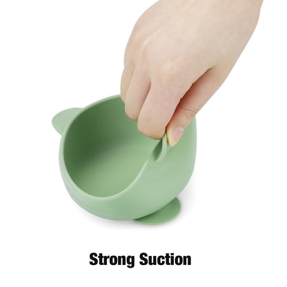 Toddler self feeding bowls set attached to a white high chair tray