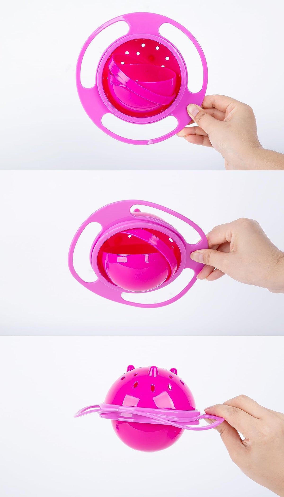 Spill resistant gyro bowl showing 360 rotation