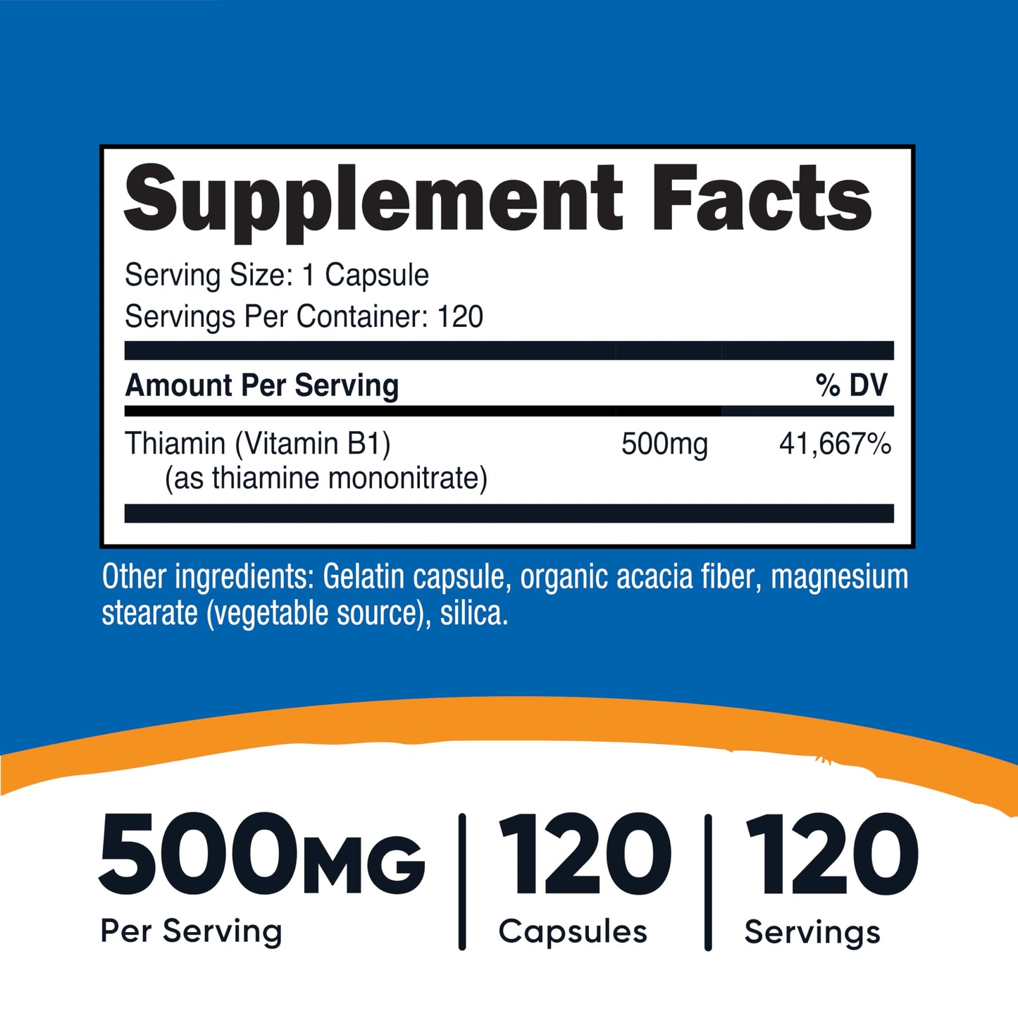 Nutricost Vitamin B1 500mg supplement facts label showing thiamine mononitrate nutritional data