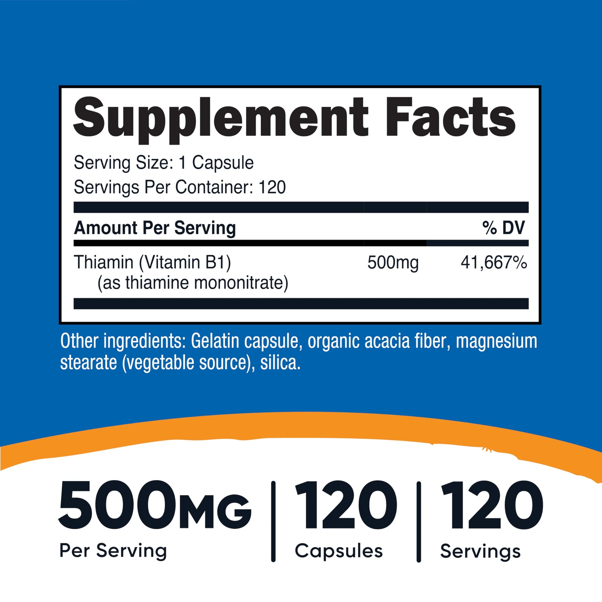 Nutricost Vitamin B1 500mg supplement facts label showing thiamine mononitrate nutritional data