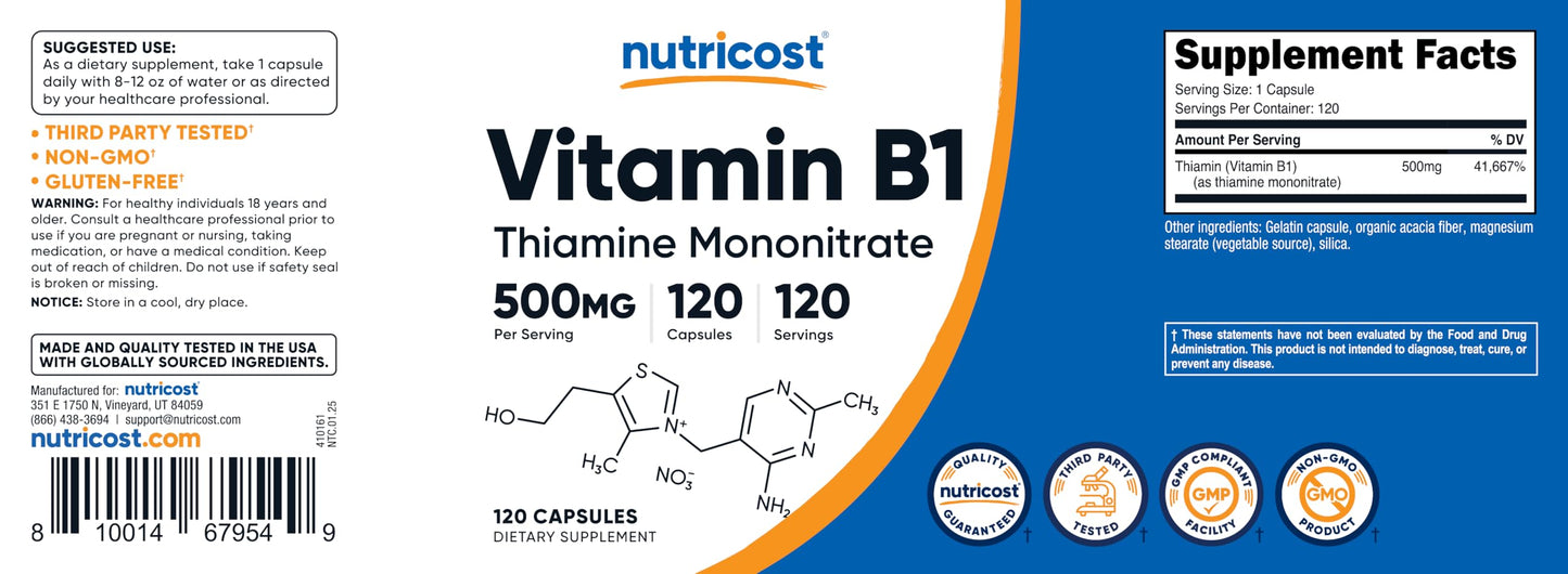 Nutricost Vitamin B1 500mg 120 capsules pack on clean backdrop showing complete storage guidelines
