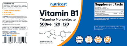 Nutricost Vitamin B1 500mg 120 capsules pack on clean backdrop showing complete storage guidelines