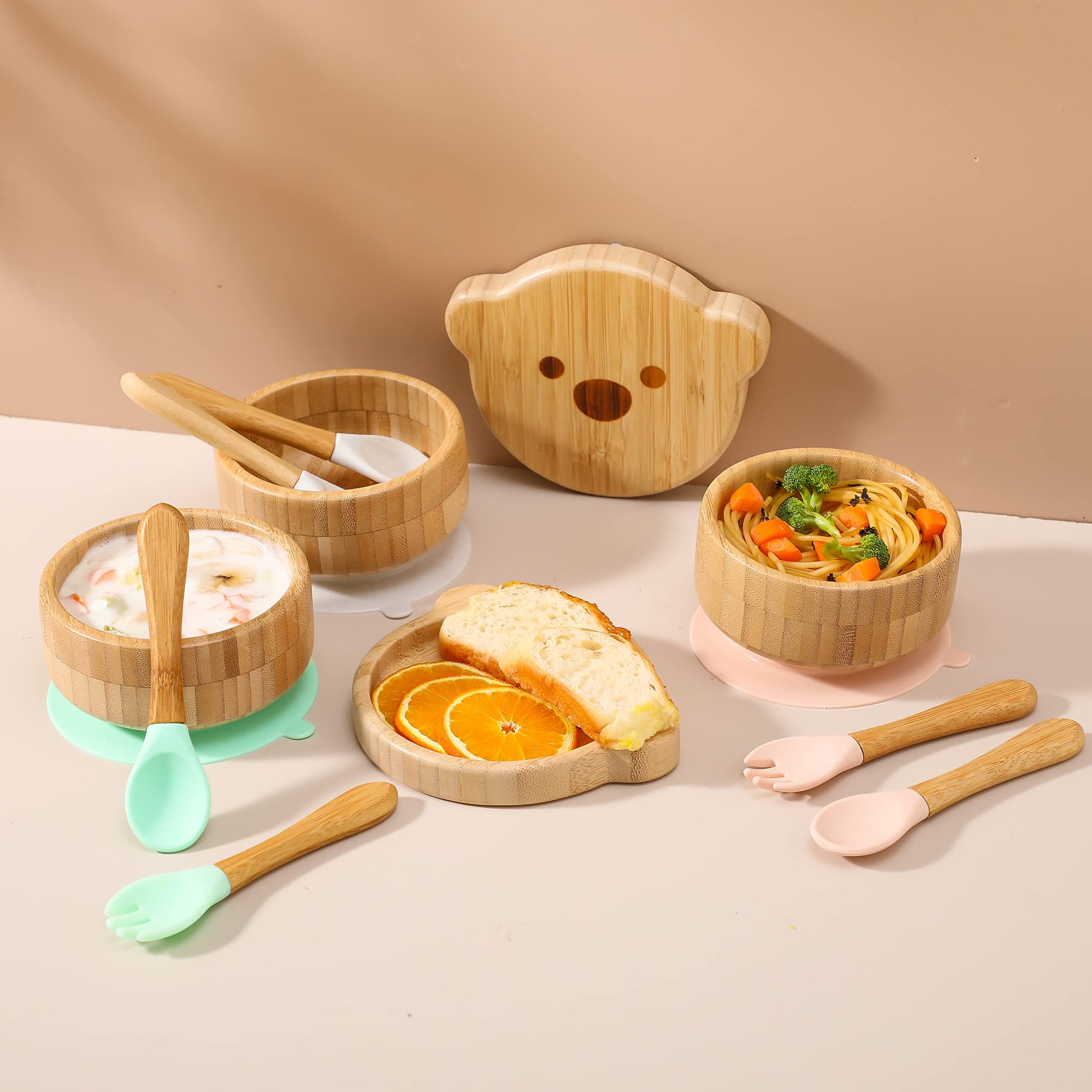 Three piece bamboo feeding set with spoon and bear lid