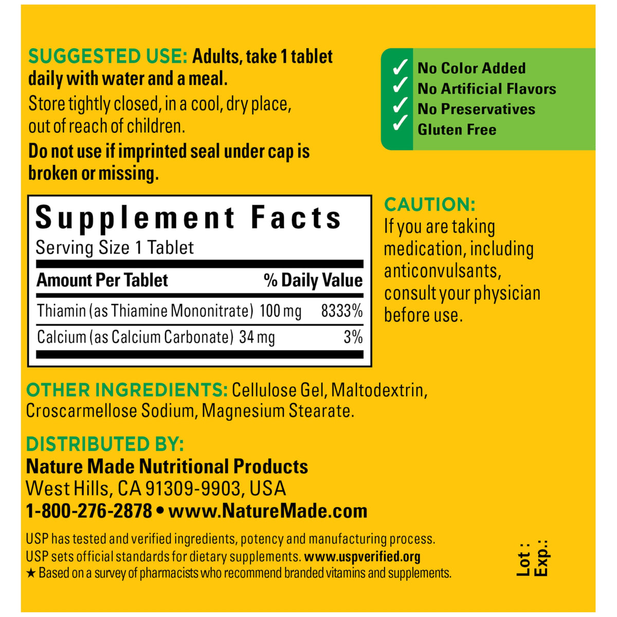 Unboxed view of Nature Made Vitamin B1 100 count dietary supplement bottle.