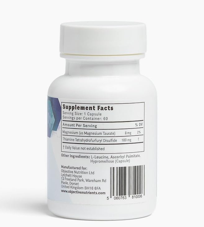 Objective Nutrients Thiamax 100mg supplement facts panel detailing active ingredients including thiamine tetrahydrofurfuryl disulfide and magnesium taurate
