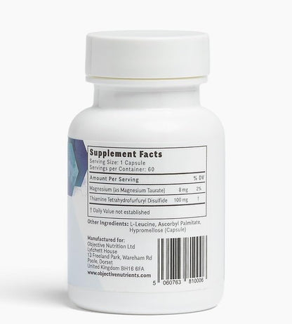 Objective Nutrients Thiamax 100mg supplement facts panel detailing active ingredients including thiamine tetrahydrofurfuryl disulfide and magnesium taurate