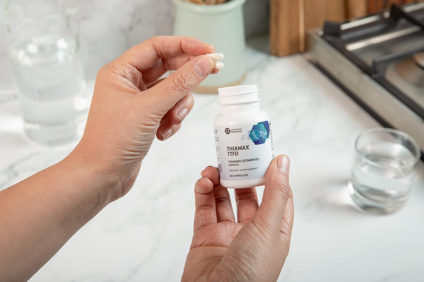 Objective Nutrients Thiamax Vitamin B1 bottle side view highlighting the zero fillers clean excipient profile