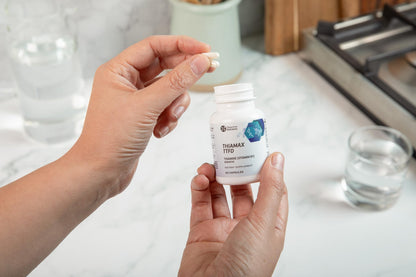 Objective Nutrients Thiamax Vitamin B1 bottle side view highlighting the zero fillers clean excipient profile