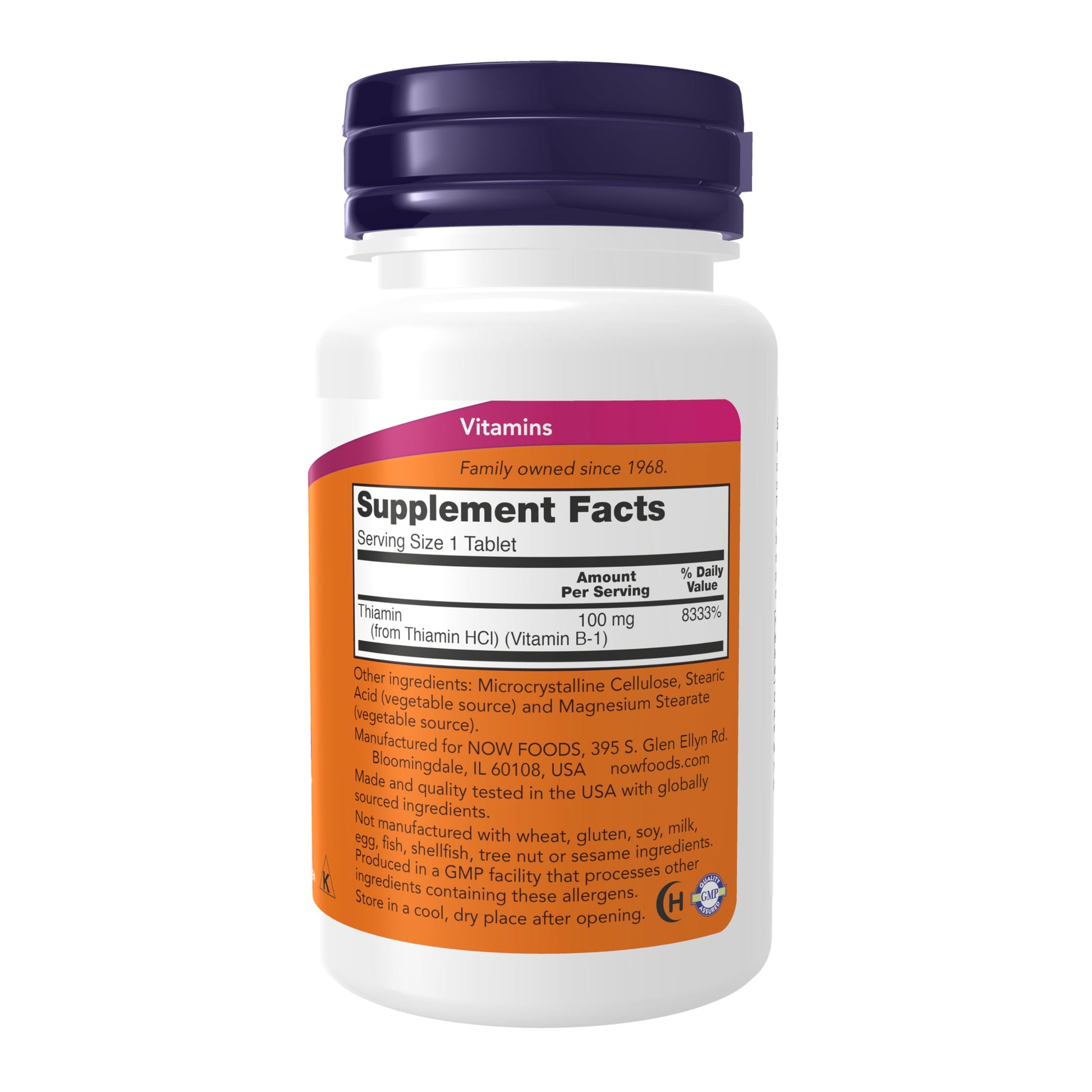 NOW Foods Thiamine 100 mg supplement label showing nutritional facts and ingredients
