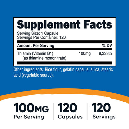 Nutricost Vitamin B1 100 milligrams dietary supplement bottle showing gluten free and non GMO labels.