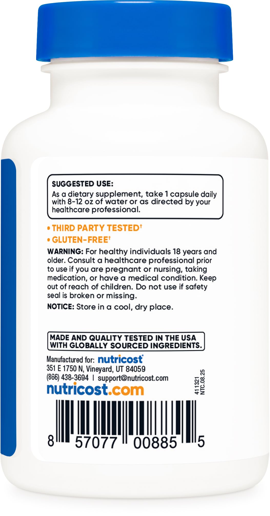 Nutricost Thiamine 100mg supplement nutrition facts panel showing high quality ingredients and serving sizes.