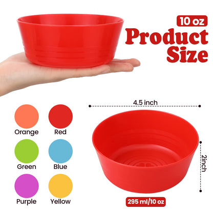 Assorted colorful plastic toddler snack bowls stack
