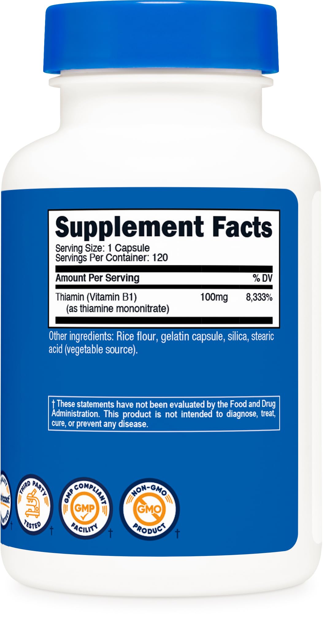 Nutricost Vitamin B1 Thiamine 120 capsules bottle displaying clean third party tested safety seals.
