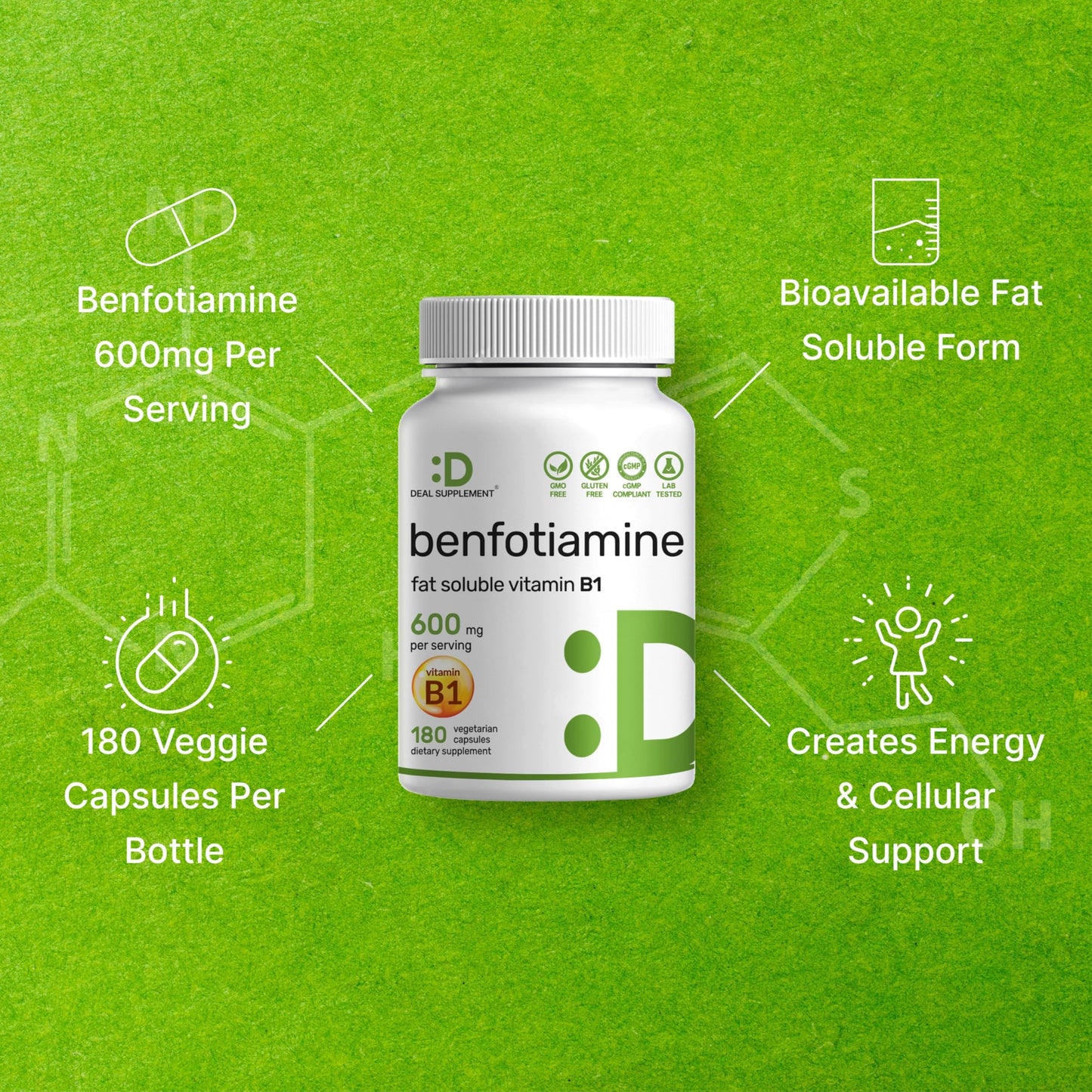 Deal Supplement non-GMO and gluten-free certification seals close up view