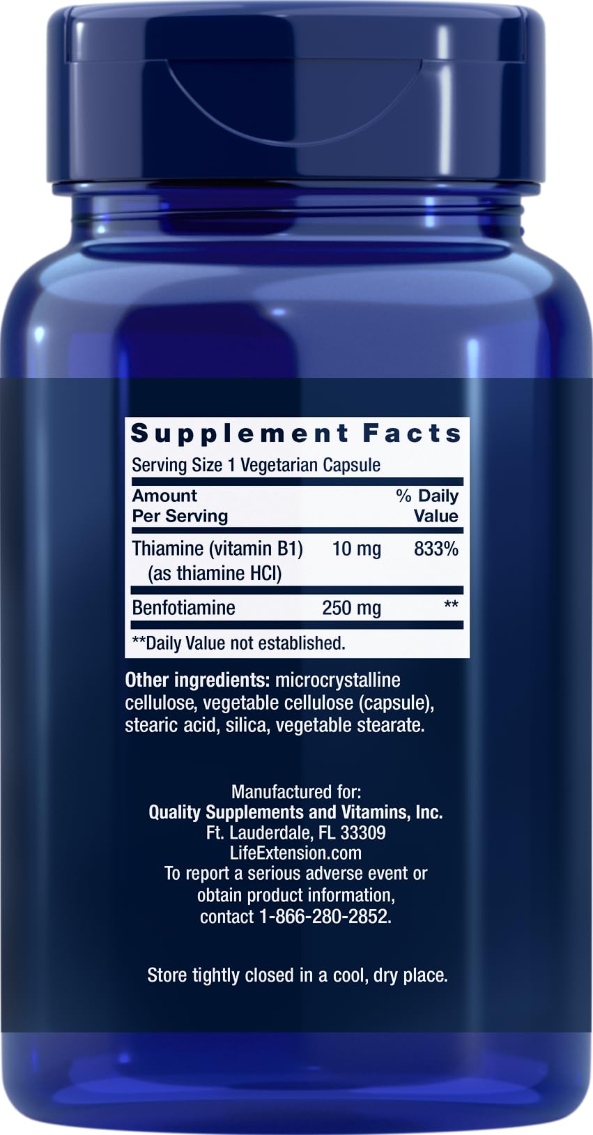 Life Extension Benfotiamine 180 vegetarian capsules supplement facts and ingredient label details