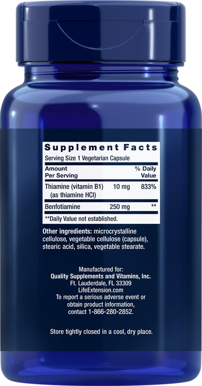 Life Extension Benfotiamine 180 vegetarian capsules supplement facts and ingredient label details