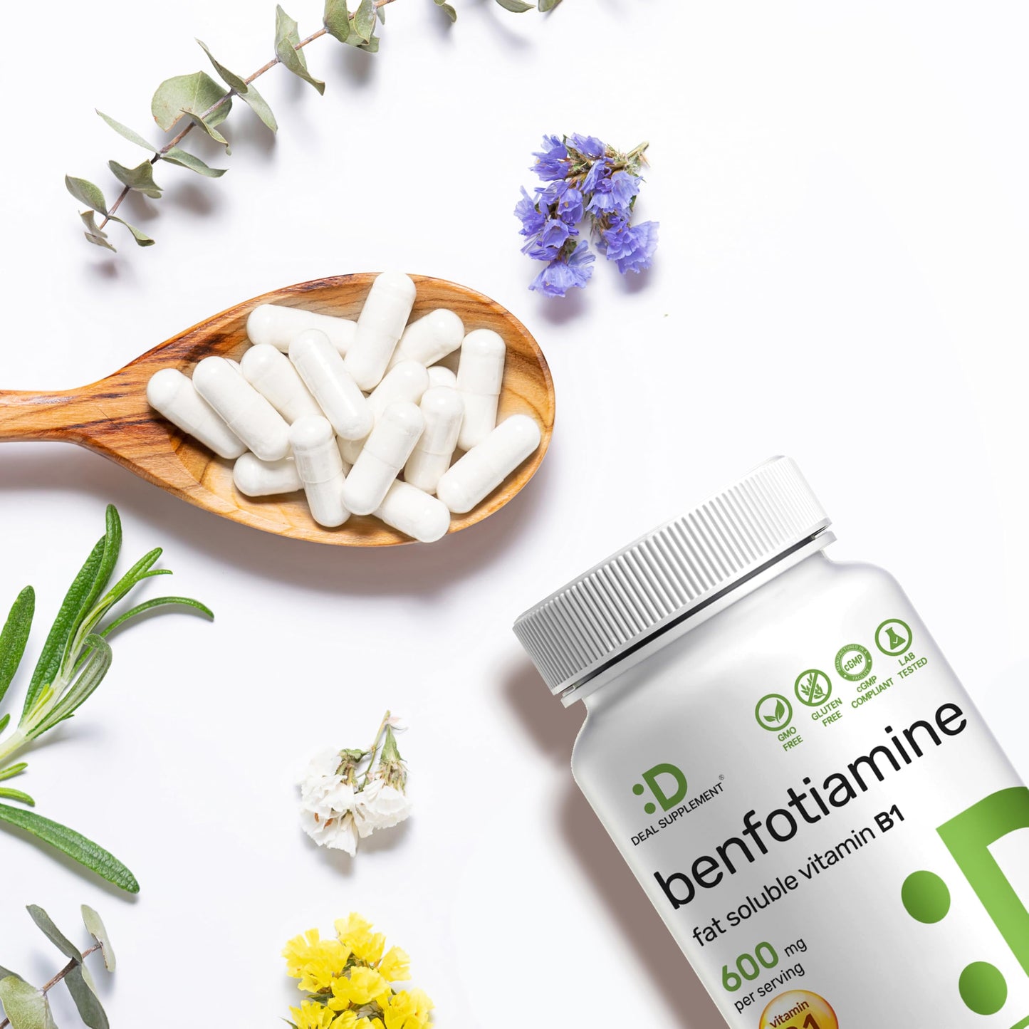 Two 300mg benfotiamine capsules shown outside the packaging bottle