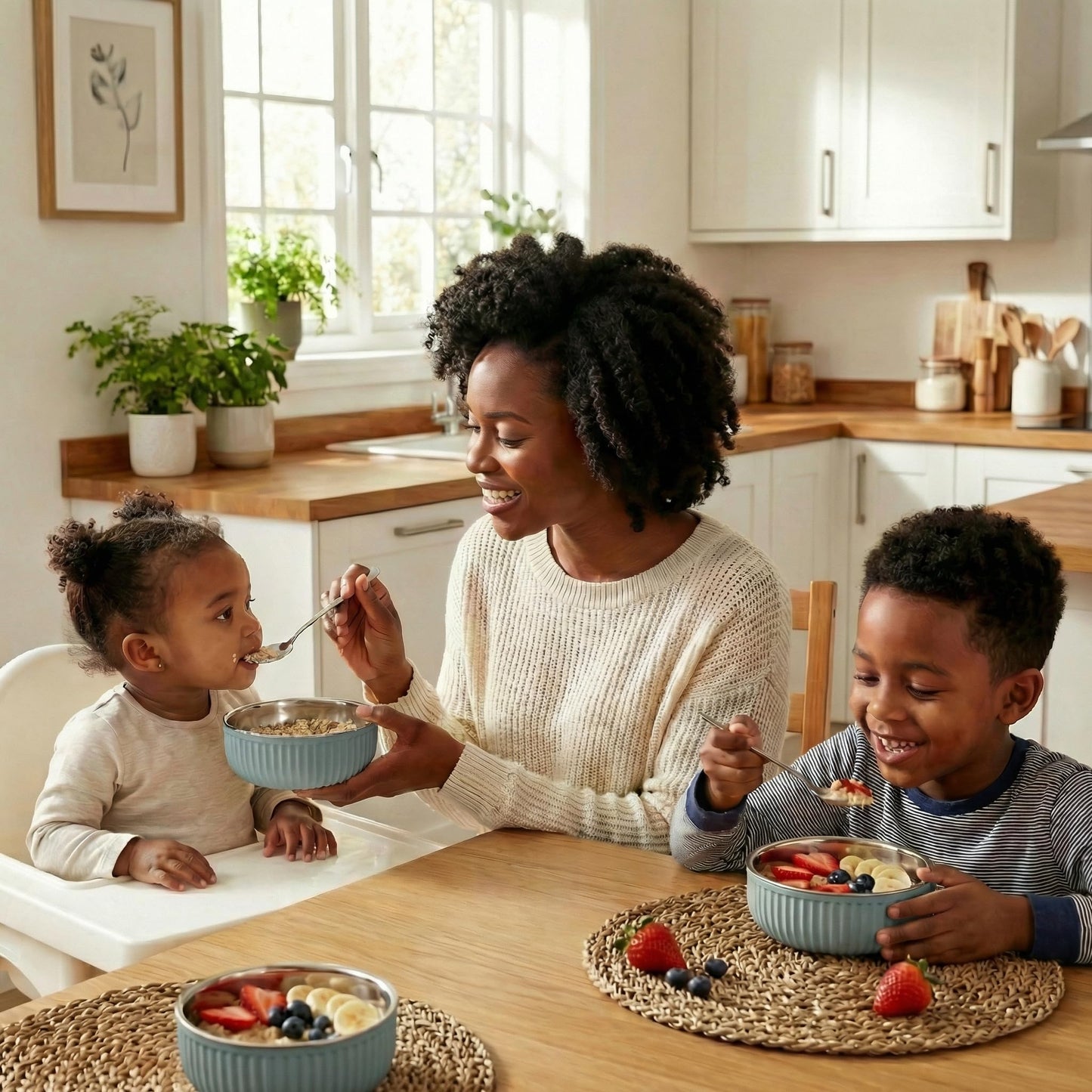 Four piece Monkey Proof stainless steel toddler bowl set in Stormy Sky