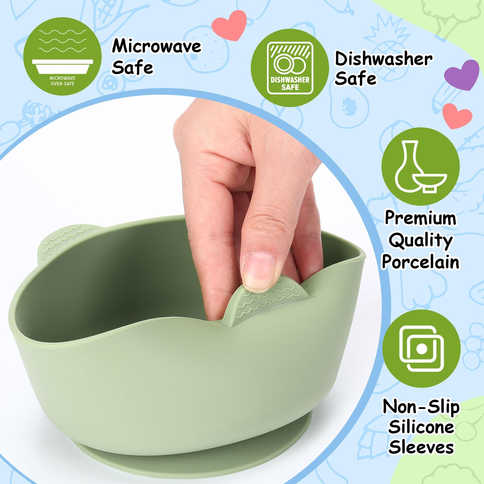 Microwave safe ceramic baby feeding bowls with silicone grips