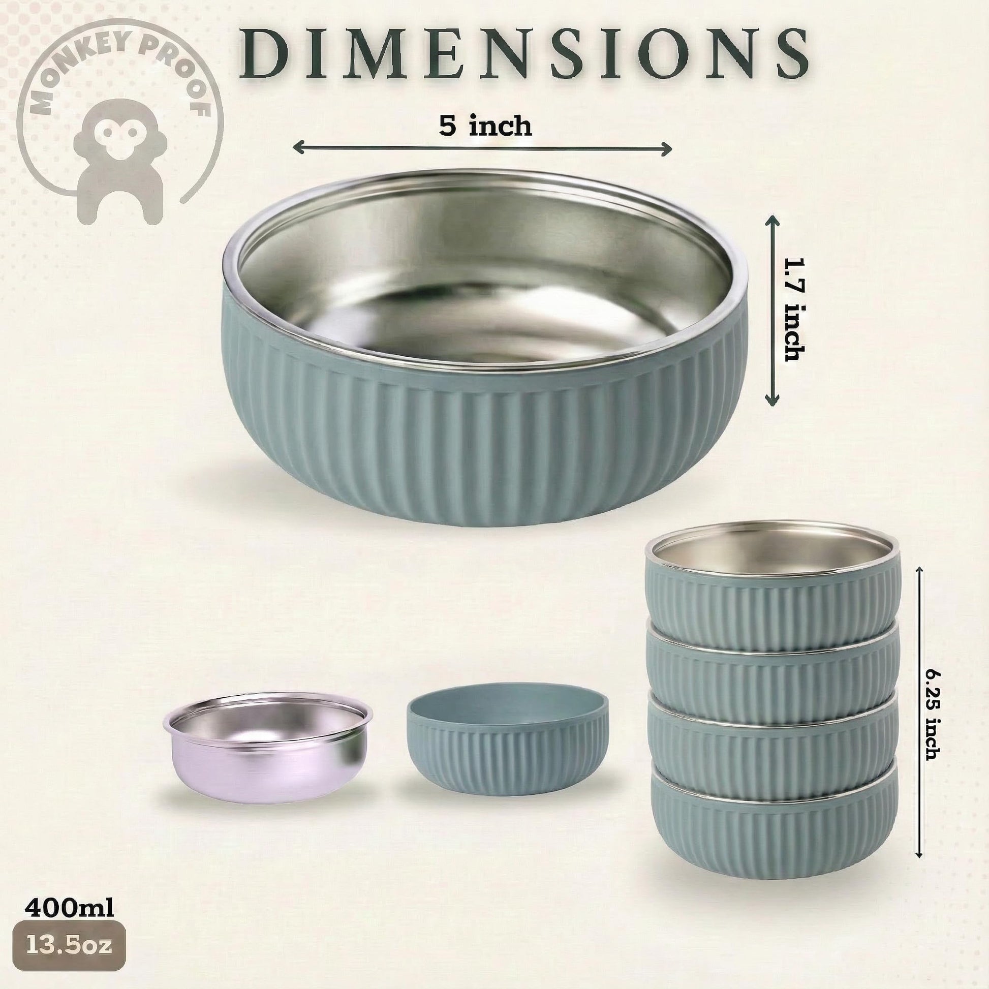 Durable stainless steel interior of Monkey Proof baby feeding bowl