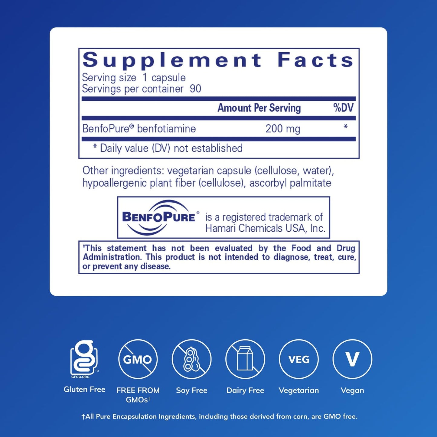 Pure Encapsulations BenfoMax supplement facts label showing 200 mg benfotiamine ingredients