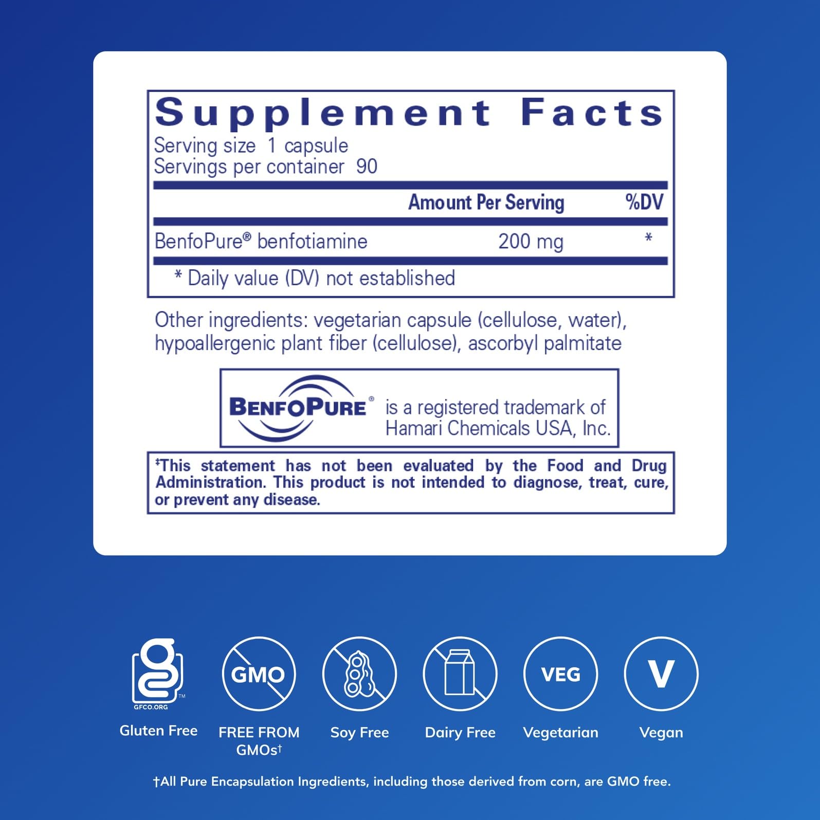 Pure Encapsulations BenfoMax supplement facts label showing 200 mg benfotiamine ingredients