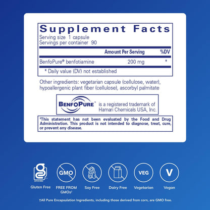 Pure Encapsulations BenfoMax supplement facts label showing 200 mg benfotiamine ingredients