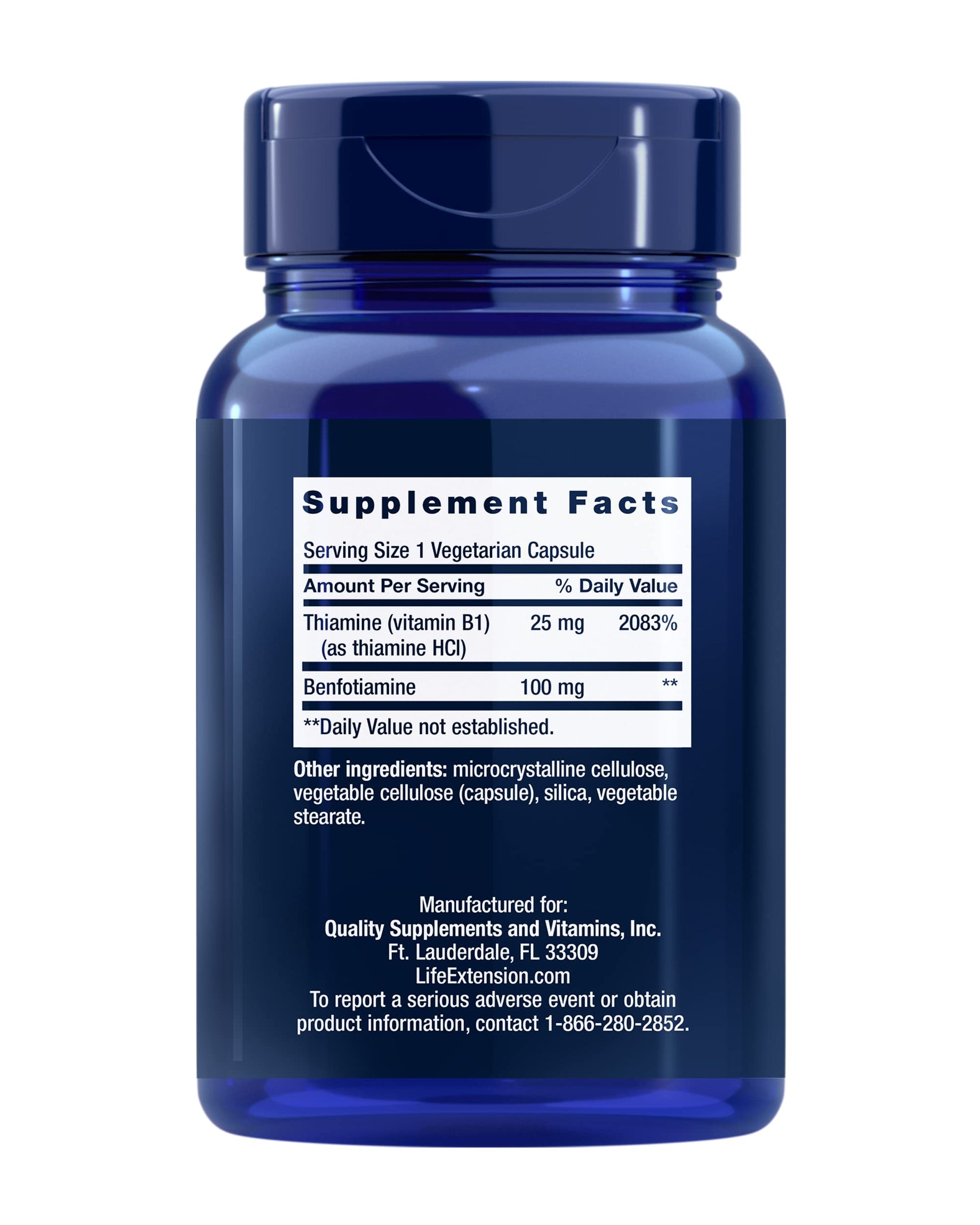 Life Extension Vitamin B1 supplement bottle showing 120 vegetarian capsules label details