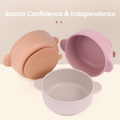 Soft silicone baby bowl showing the easy release tab feature