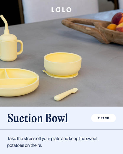 Two Lalo non-toxic silicone bowls with suction base in lavender