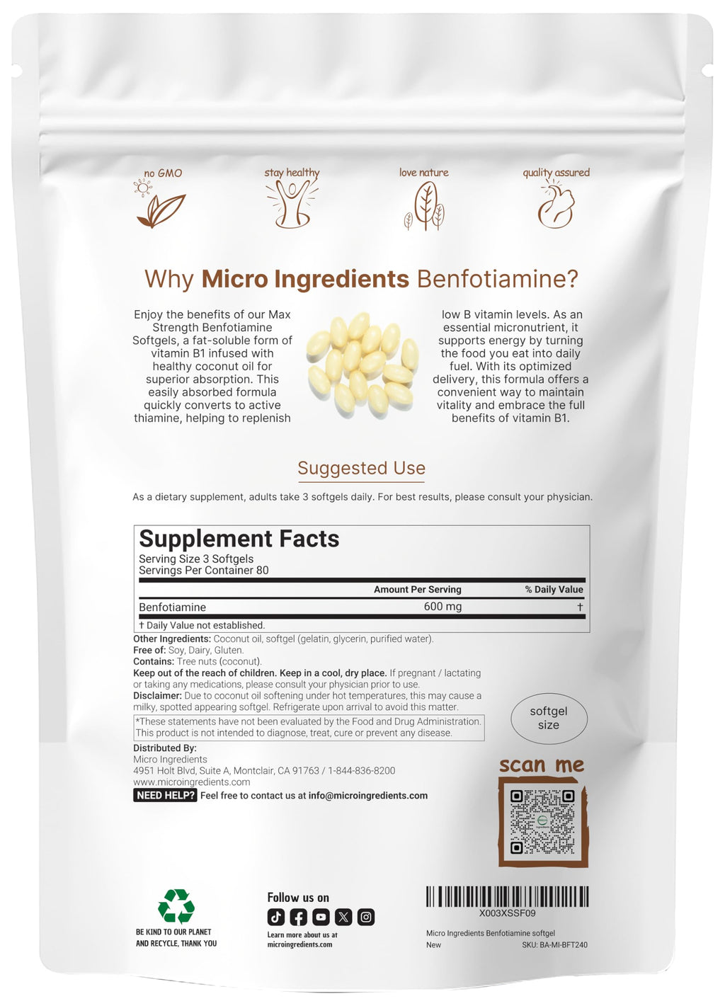 Micro Ingredients vitamin B1 supplement pouch back label details