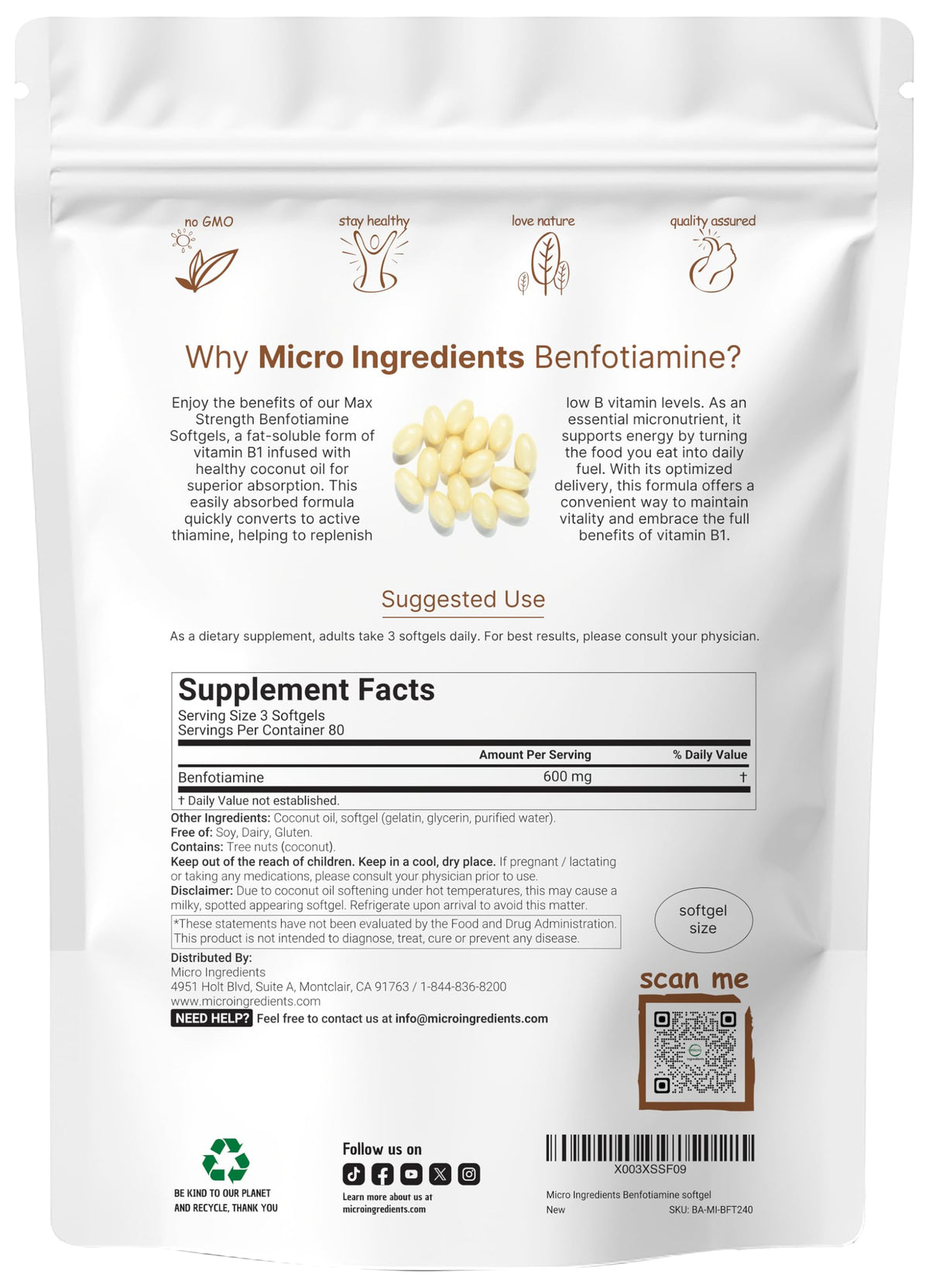 Micro Ingredients vitamin B1 supplement pouch back label details