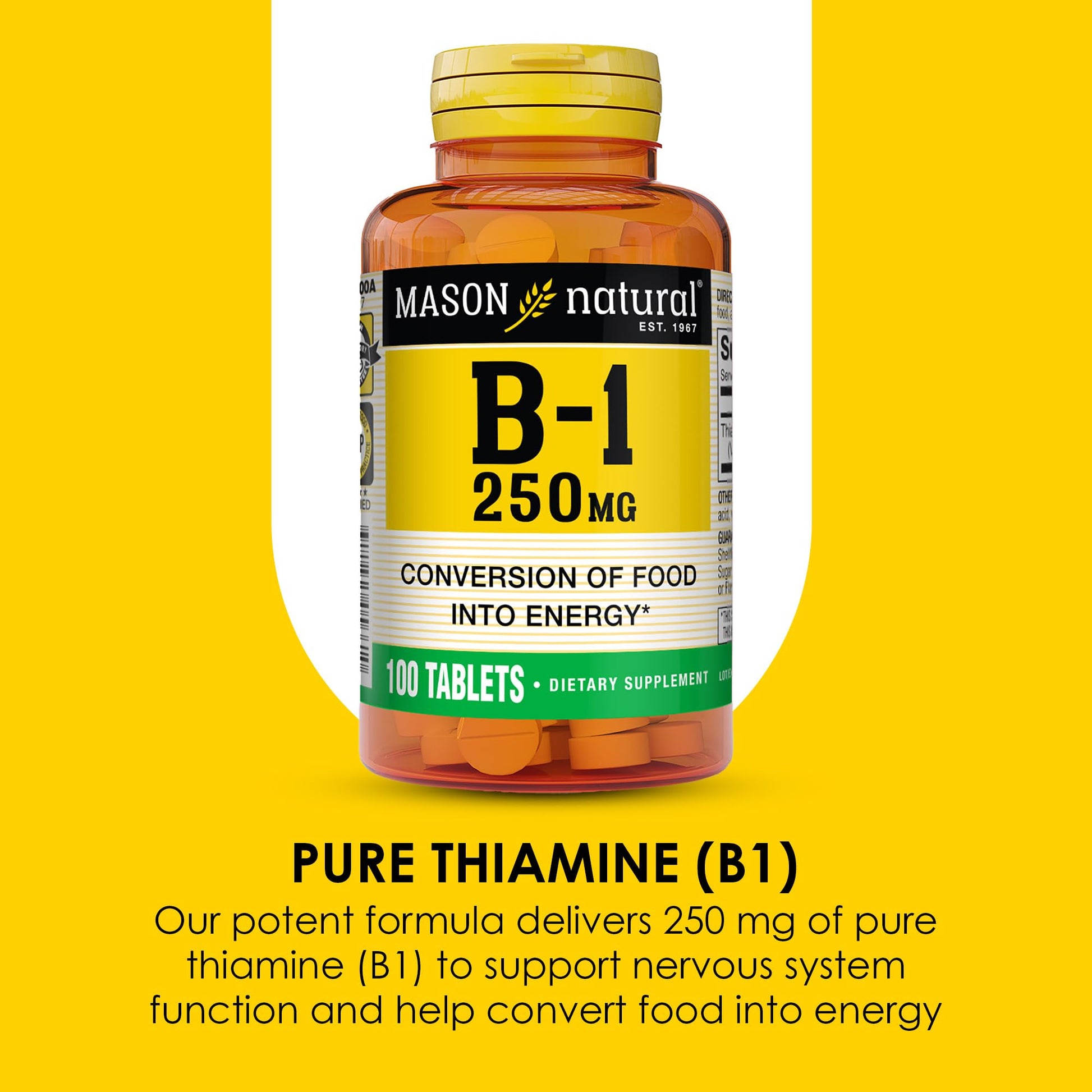 High potency thiamine 250 milligrams tablets by Mason Natural for healthy nervous system support.
