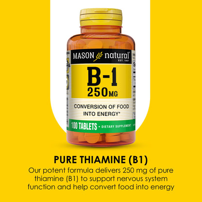 High potency thiamine 250 milligrams tablets by Mason Natural for healthy nervous system support.