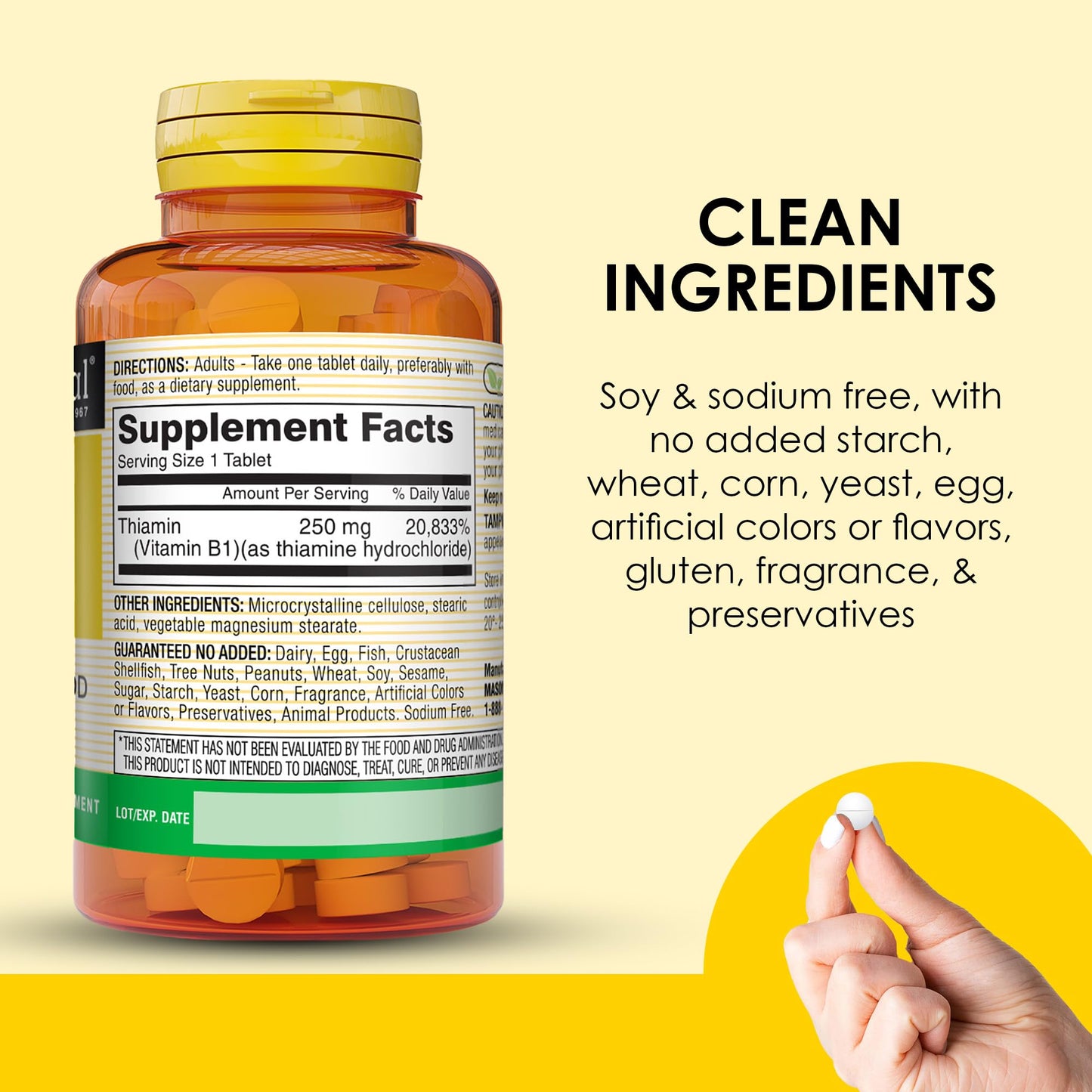 Close up view of the easy to swallow vegetarian tablets from the Mason Natural B1 supplement bottle.