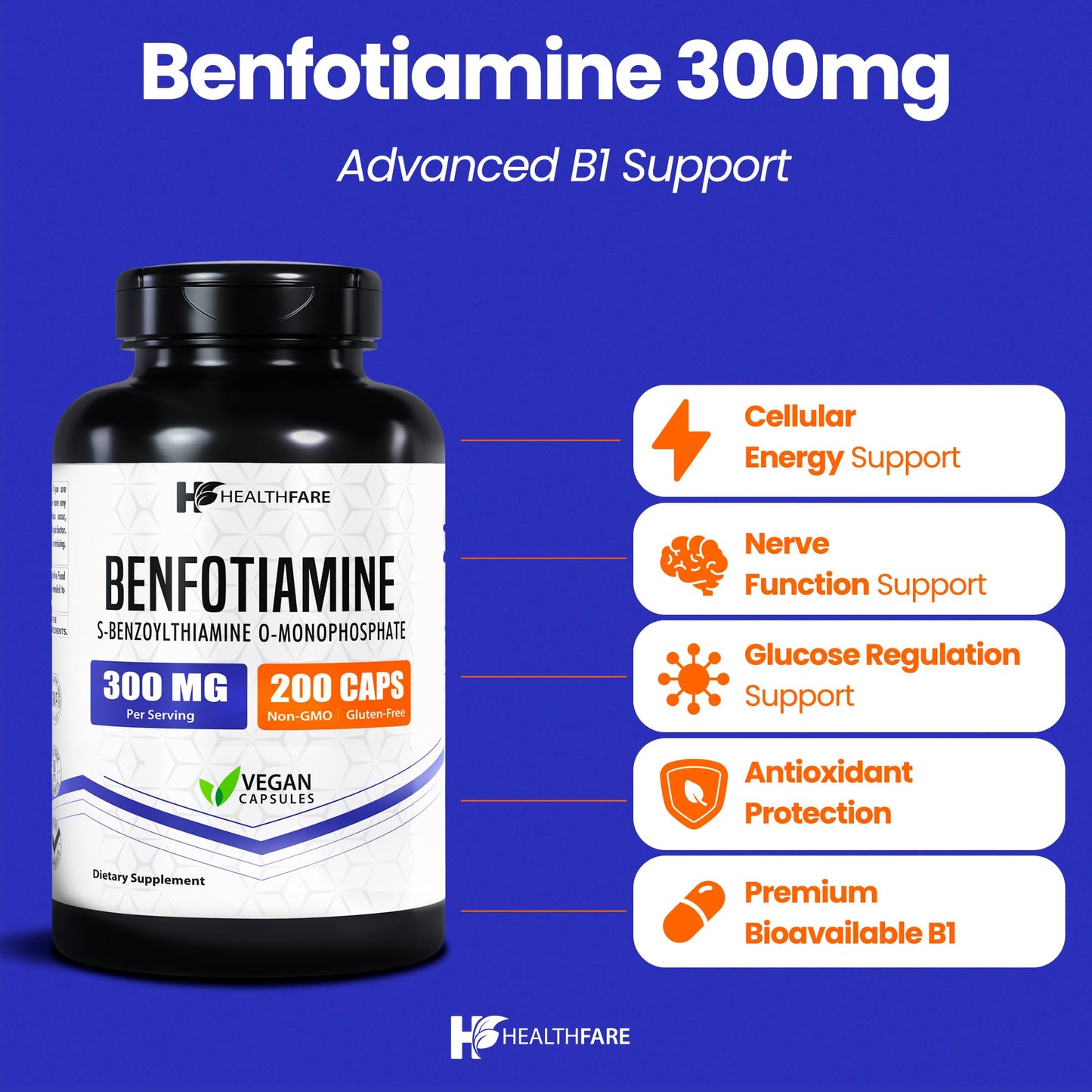Side panel of Healthfare Benfotiamine bottle detailing fat soluble thiamine nutritional facts and non GMO certification.