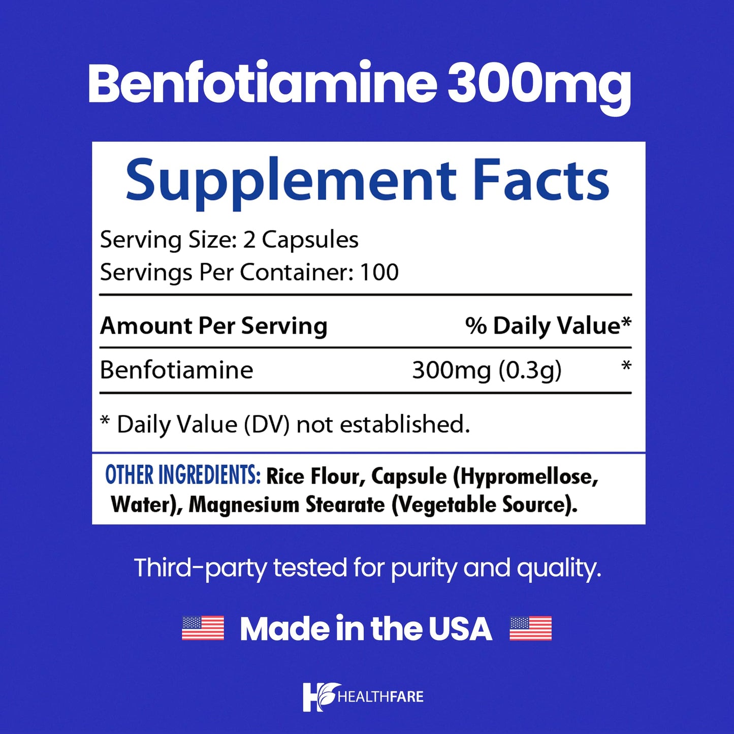 Close up of imported USA healthfare benfotiamine capsules showing plant based formulation details for nerve health.