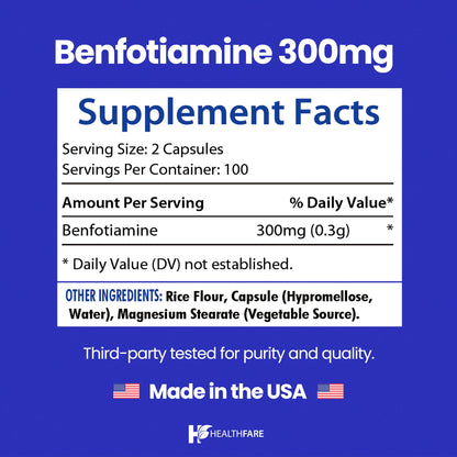 Close up of imported USA healthfare benfotiamine capsules showing plant based formulation details for nerve health.