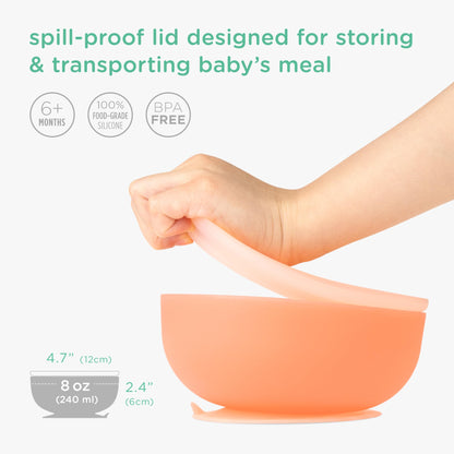 Olababy feeding bowl with lid attached for baby food storage