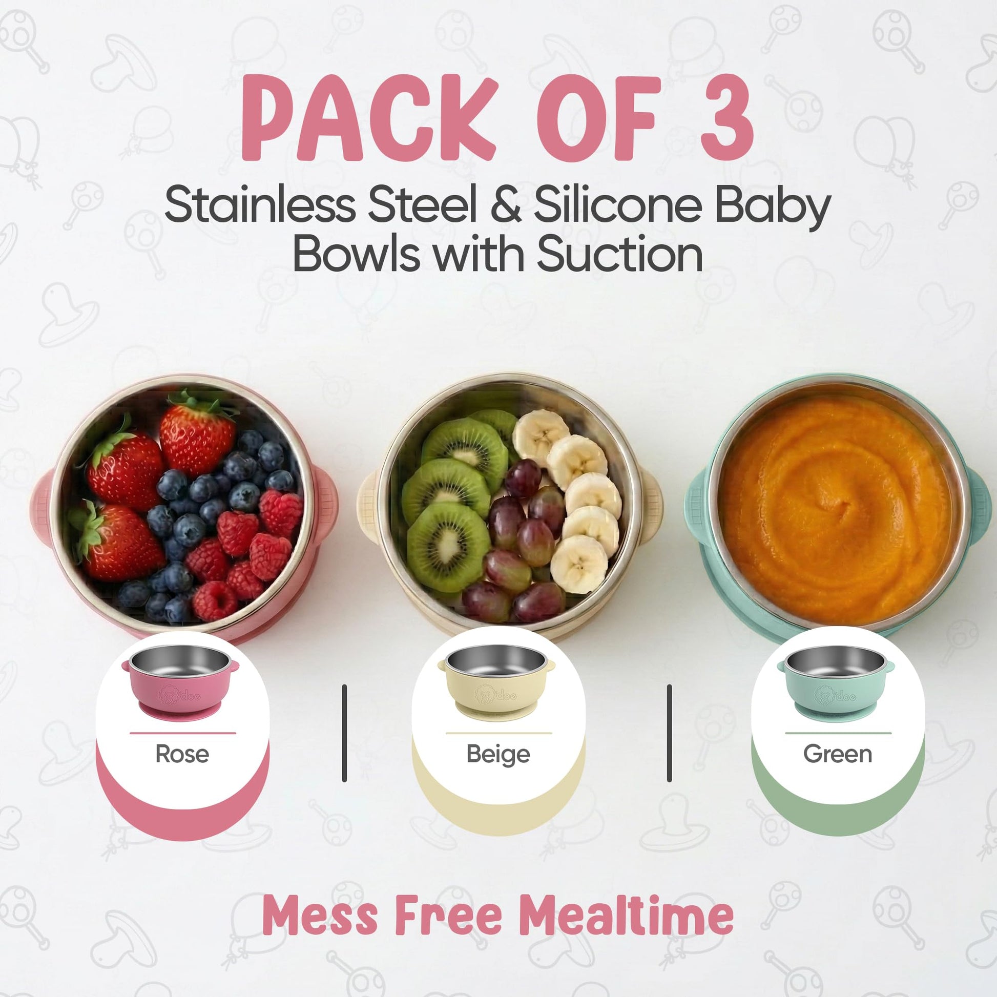 Three pack O'doe stainless steel toddler bowls assorted colors