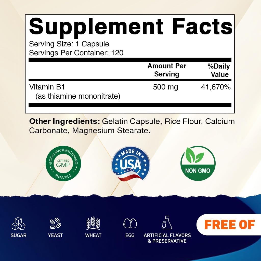 Side label of Vitamatic Vitamin B1 capsules highlighting supplement facts and serving size information.