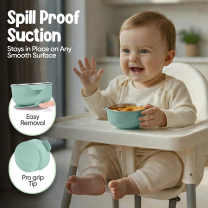 Toddler eating from O'doe stainless steel suction bowl