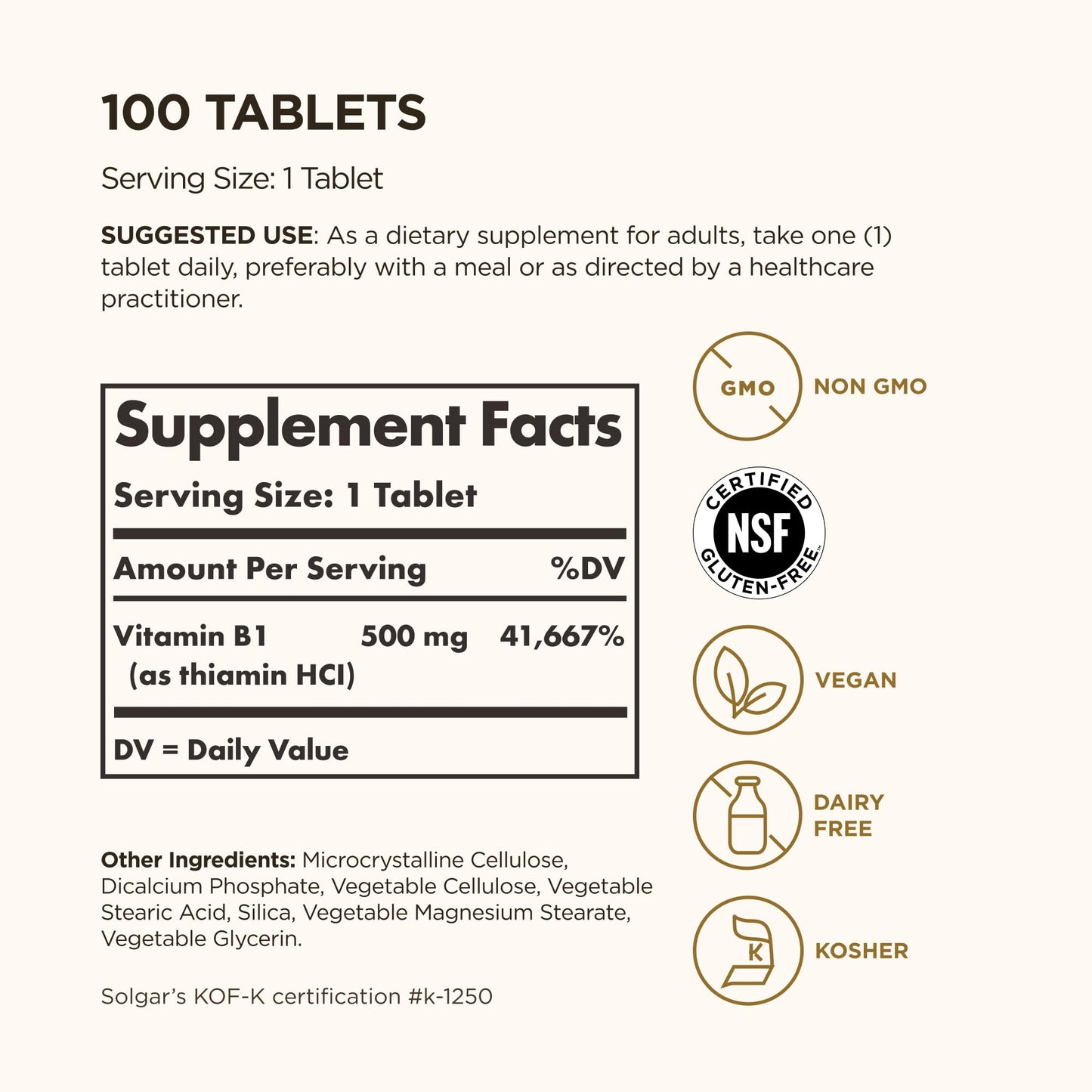 Solgar Vitamin B1 500 mg supplement label showing nutritional facts and non GMO certification