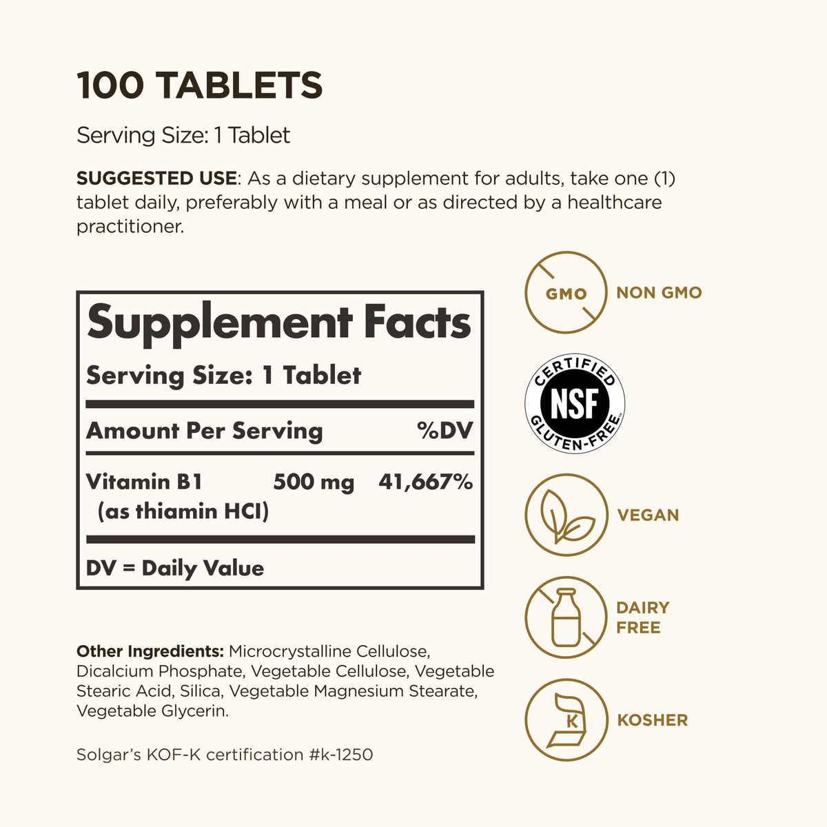 Solgar Vitamin B1 super potency dietary supplement label details