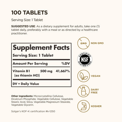 Solgar Vitamin B1 500 mg supplement label showing nutritional facts and non GMO certification