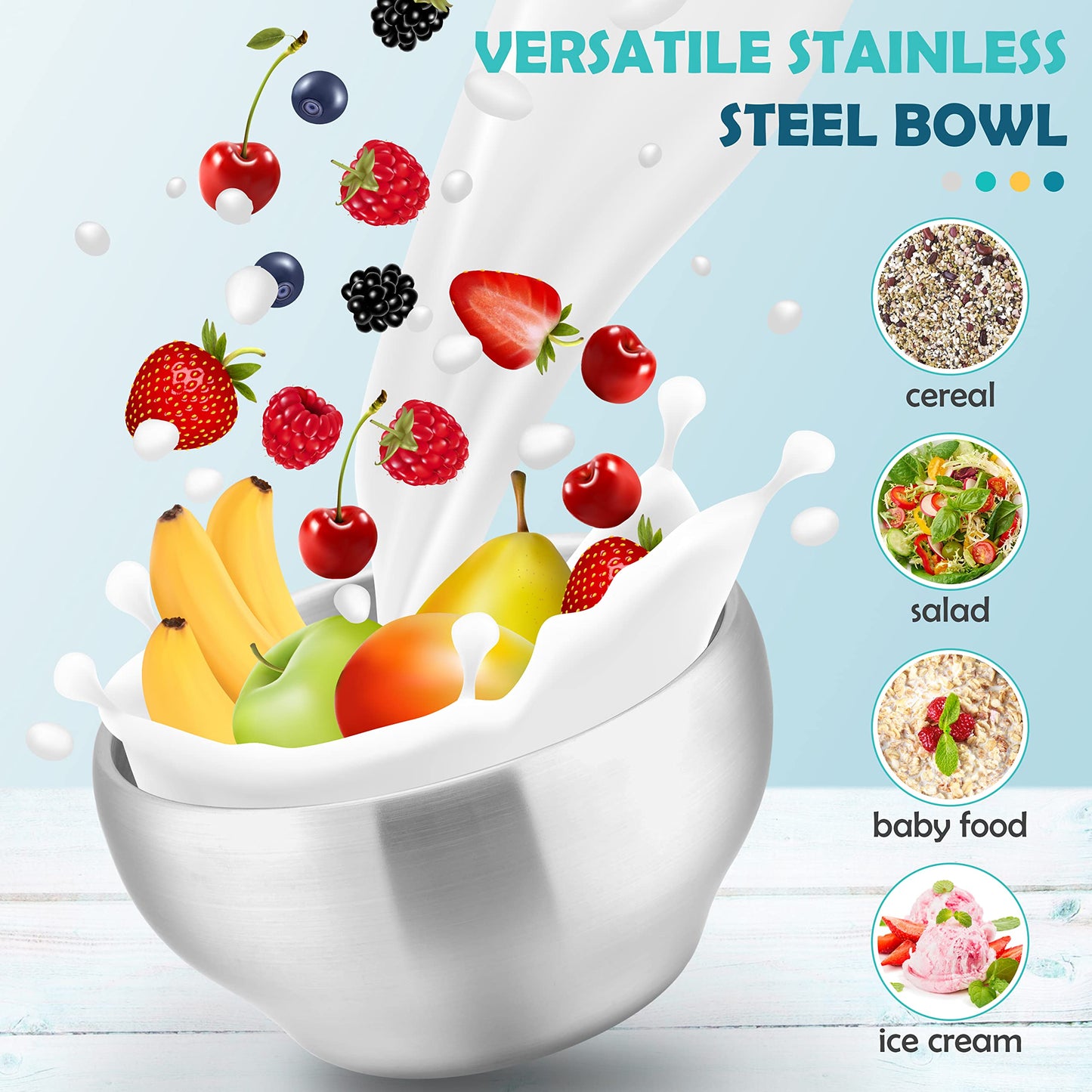Top view of 6 HaWare stainless steel bowls for feeding