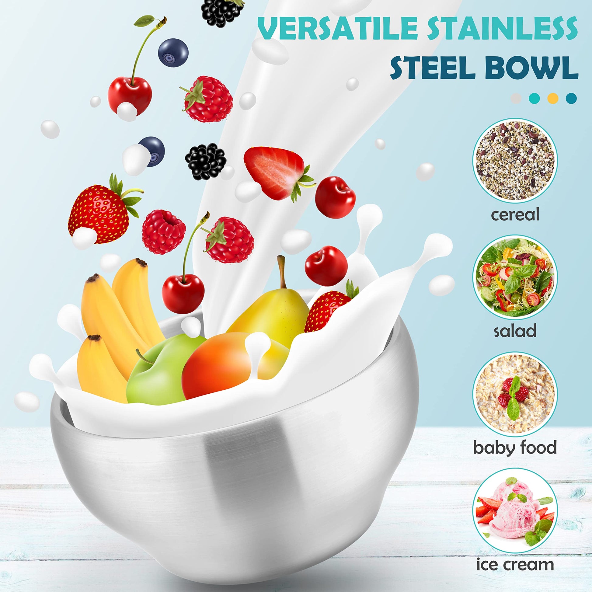 Top view of 6 HaWare stainless steel bowls for feeding