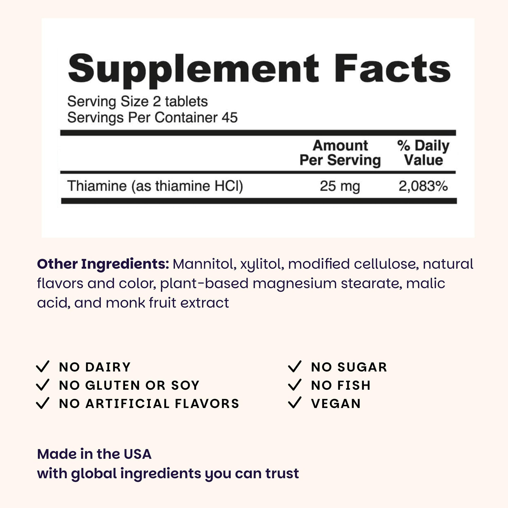 EZ Melts fast melting sublingual Vitamin B1 nutritional information label