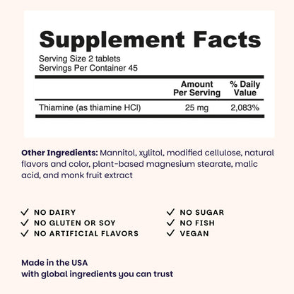 EZ Melts fast melting sublingual Vitamin B1 nutritional information label